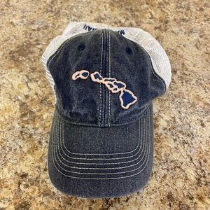 VINTAGE MENS LEGACY FADED DENIM MESH SNAPBACK HAT BLACK FRONT WHITE BACK HAWII